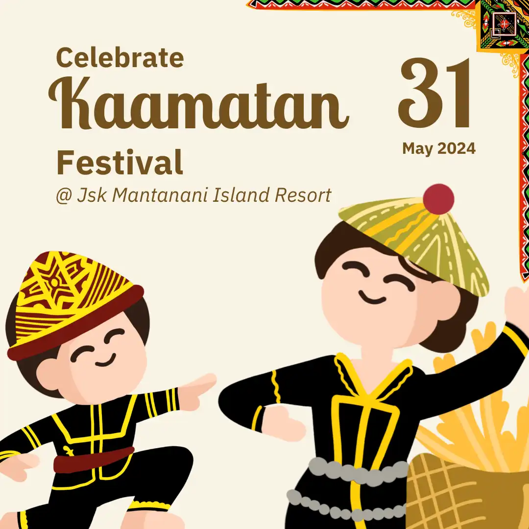 Kaamatan Festival 2024 featuring two animated characters in traditional attire dancing.